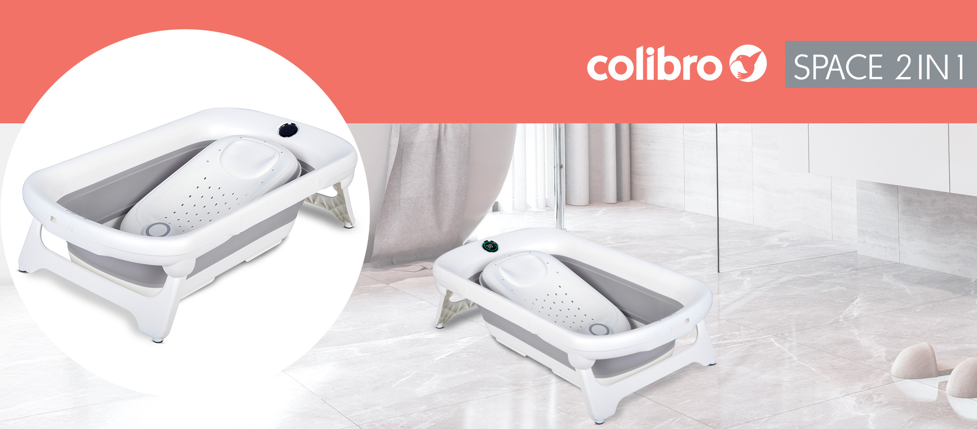 Wanienka dziecięca składana silikonowa z leżaczkiem i termometrem USB-C COLIBRO SPACE 2w1
