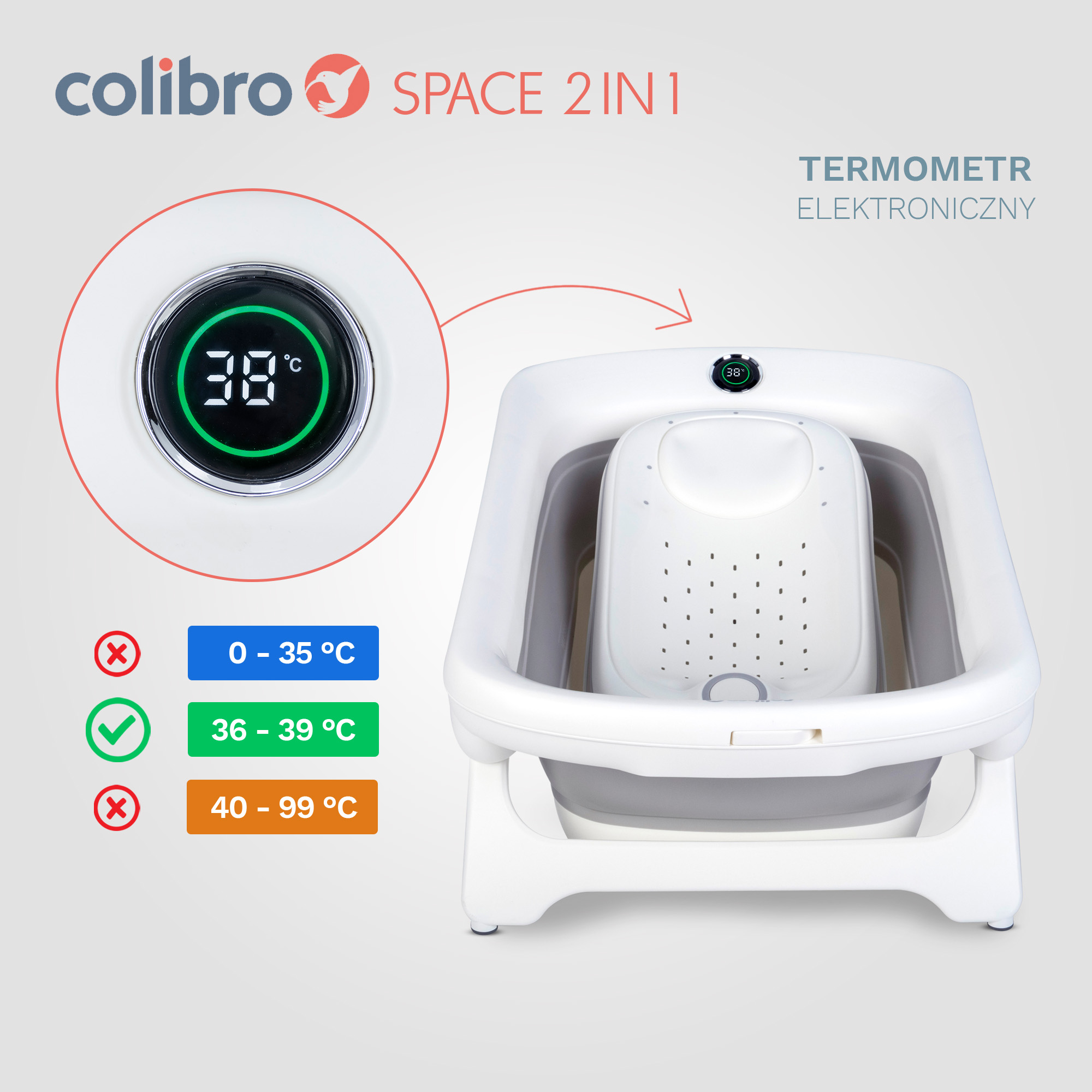 Wanienka dziecięca składana silikonowa z leżaczkiem i termometrem USB-C COLIBRO SPACE 2w1 kabel w zestawie